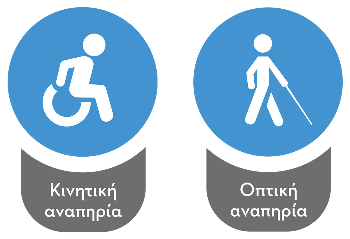 Εικονίδιο για άτομα με κινητική αναπηρία. Εικονίδιο για άτομα με οπτική αναπηρία.